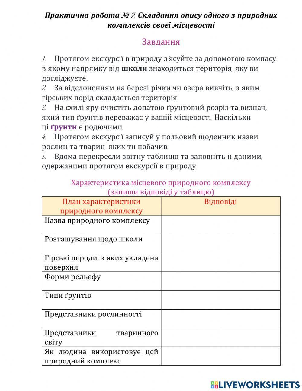 Практична робота № 7. Складання опису одного з природних комплексів своєї місцевості
