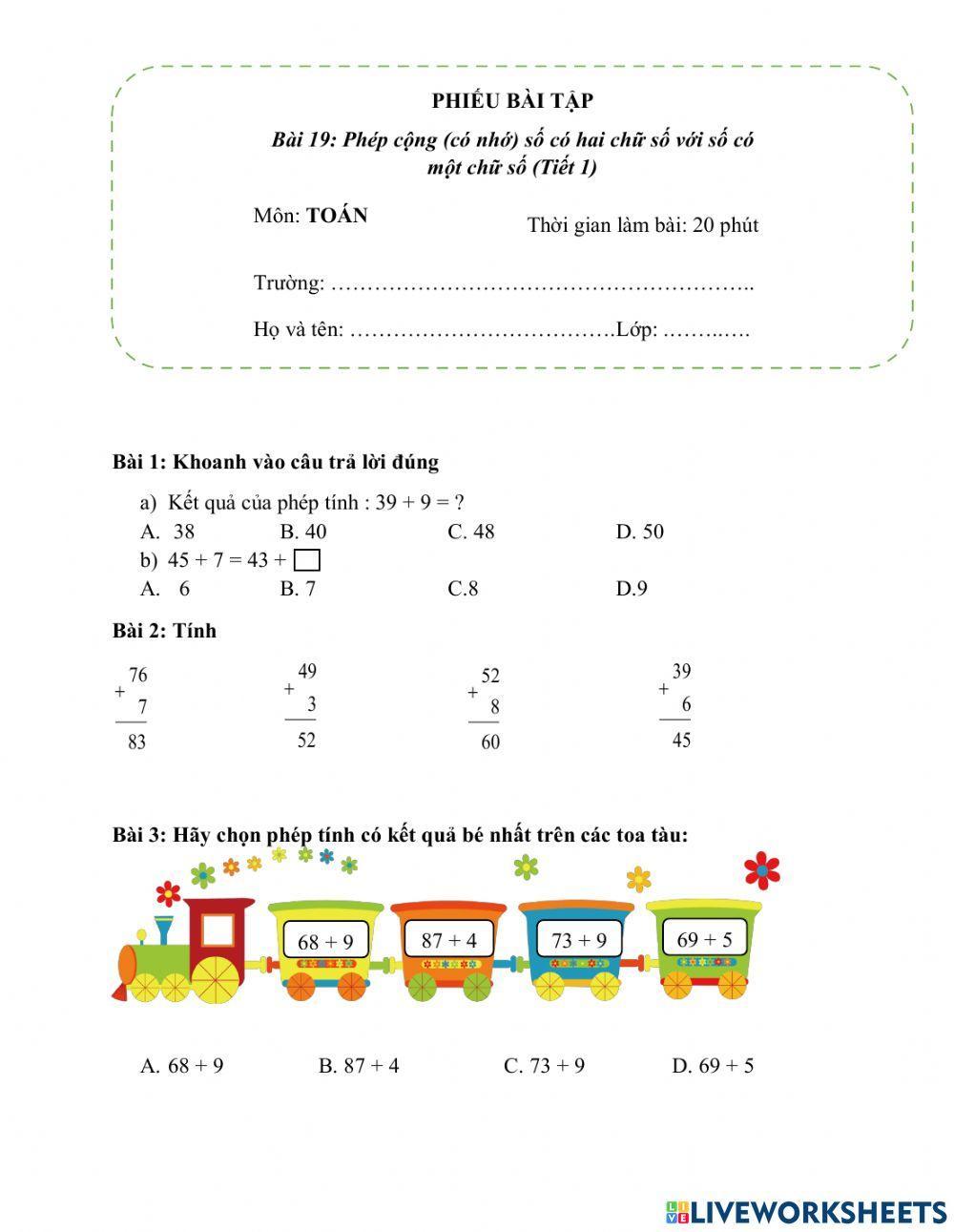 Phiếu bài tập bài 19-lớp 2- KNTT