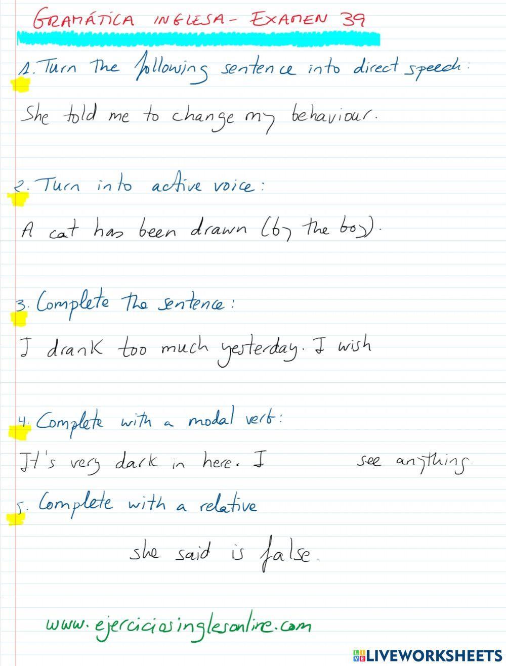 Gramática inglesa - Examen 39