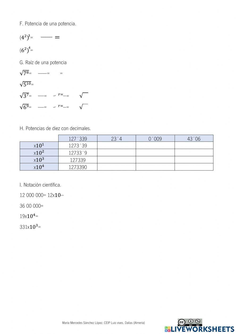 Potencias y raíces cuadradas