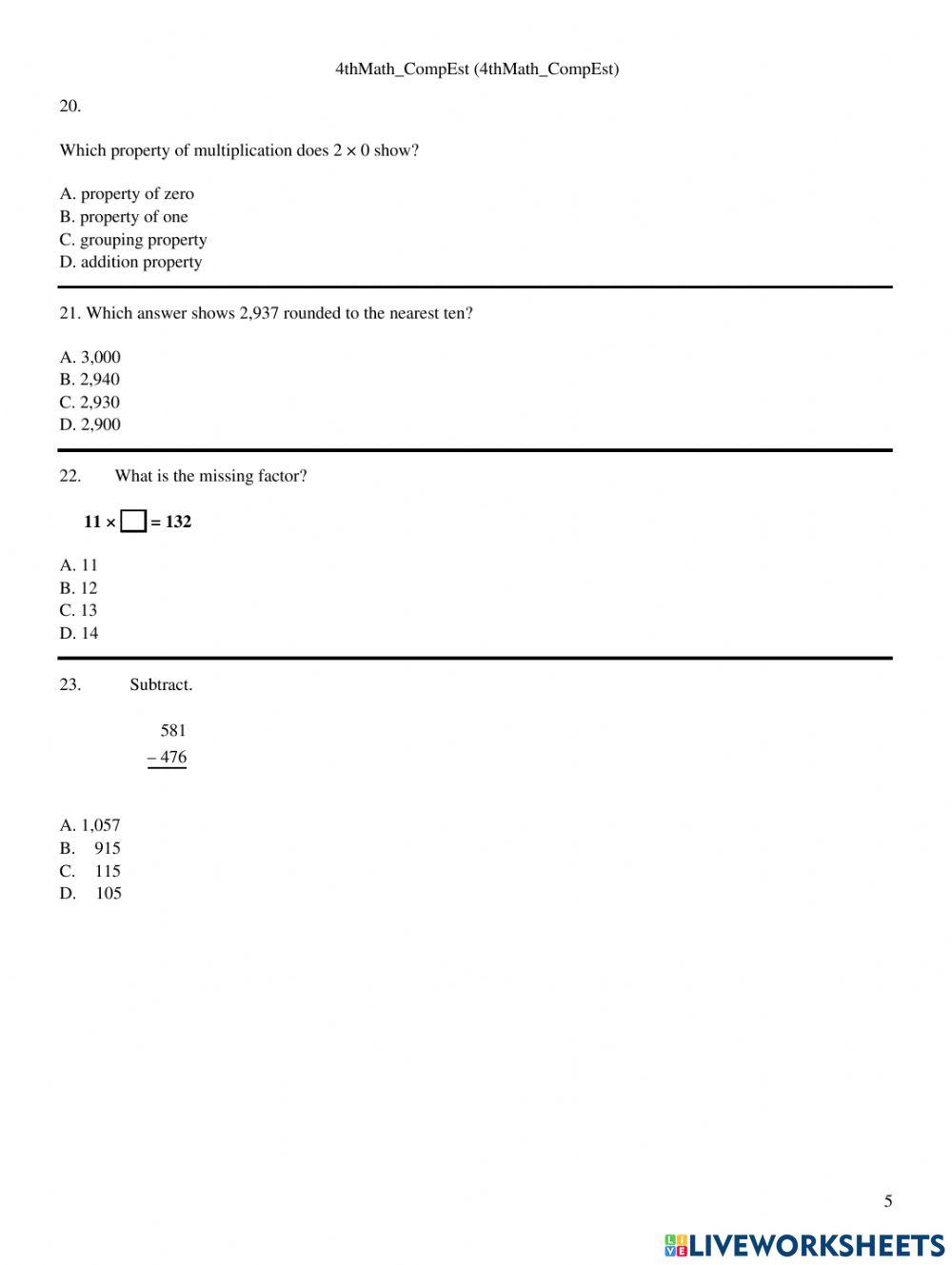 Math Computation Worksheets Pdf