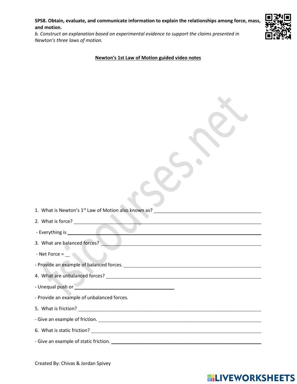 Newton's 1st Law of Motion Video Notes