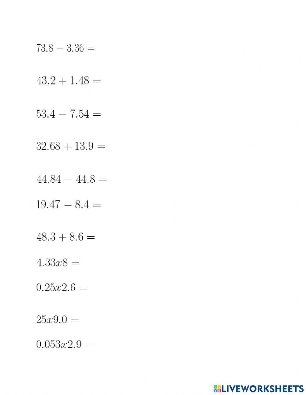 Adding subtracting multiplying decimals