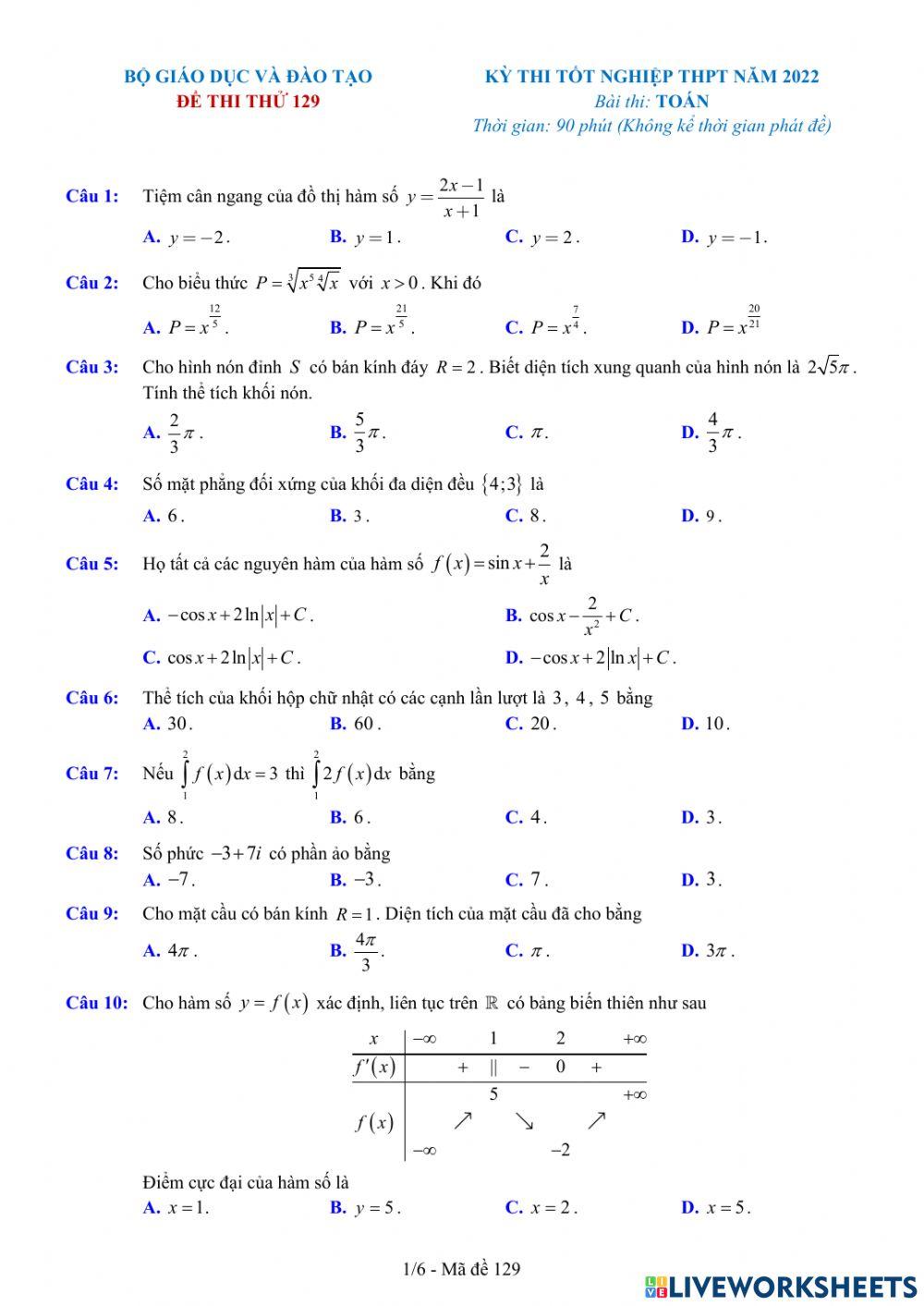 TNTHPT-MĐ-67-Đề ôn tập số 129