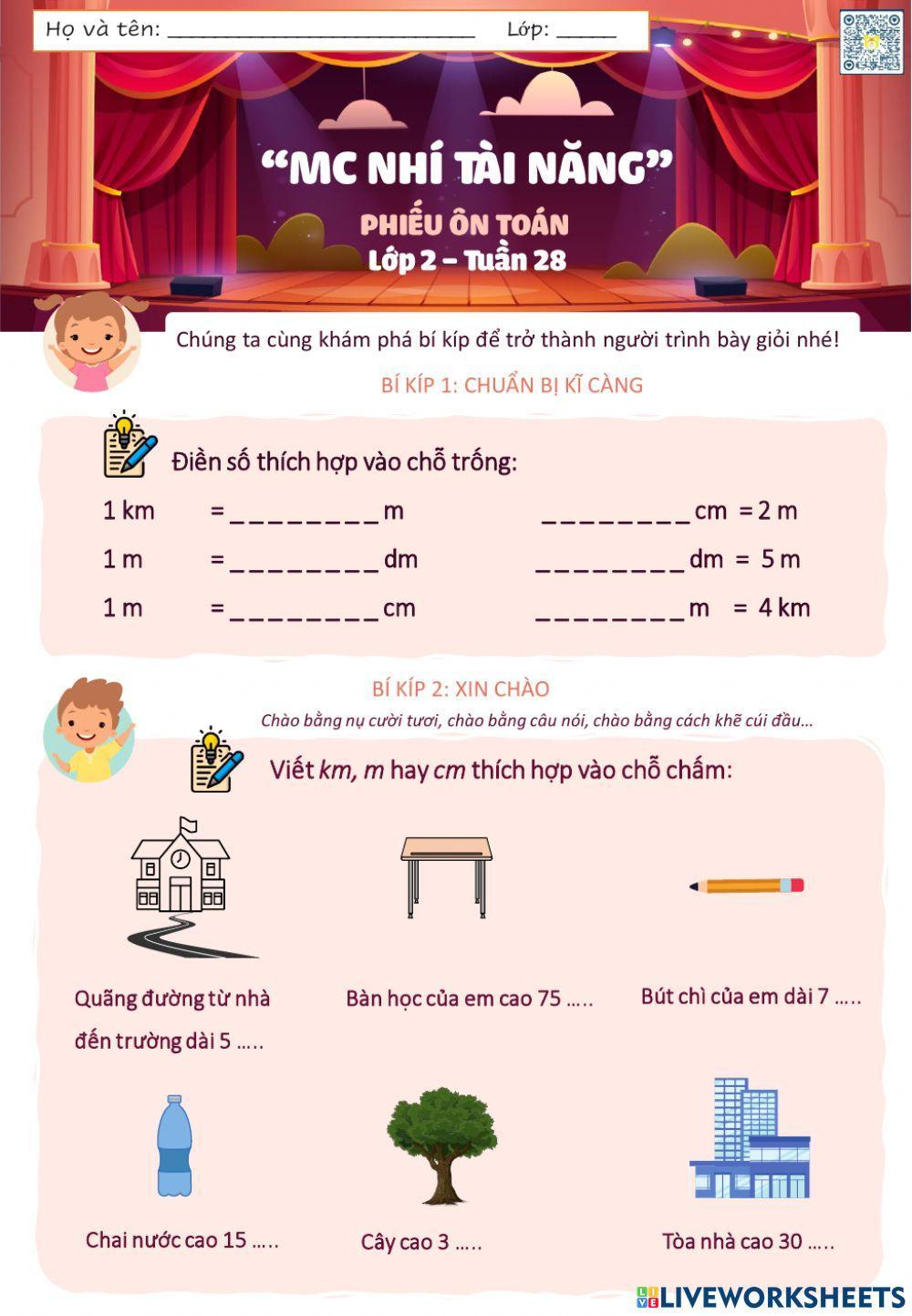 Lớp 2 - Toán - Tuần 28 - Đề 1