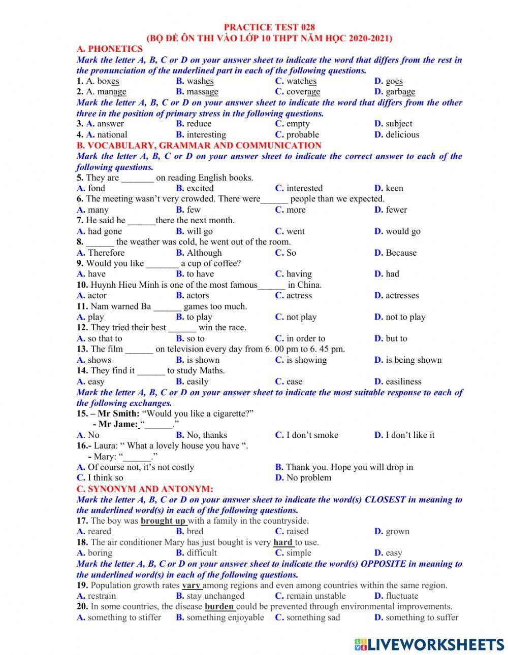 Ôn thi vào 10 - đề 28 - 40tn