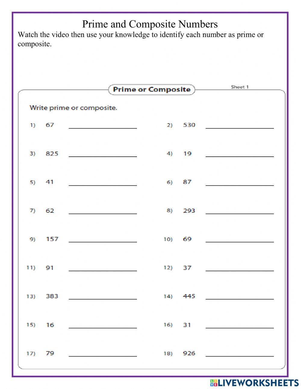 Prime and Composite Numbers worksheet for grades 4 and 5 | Live Worksheets
