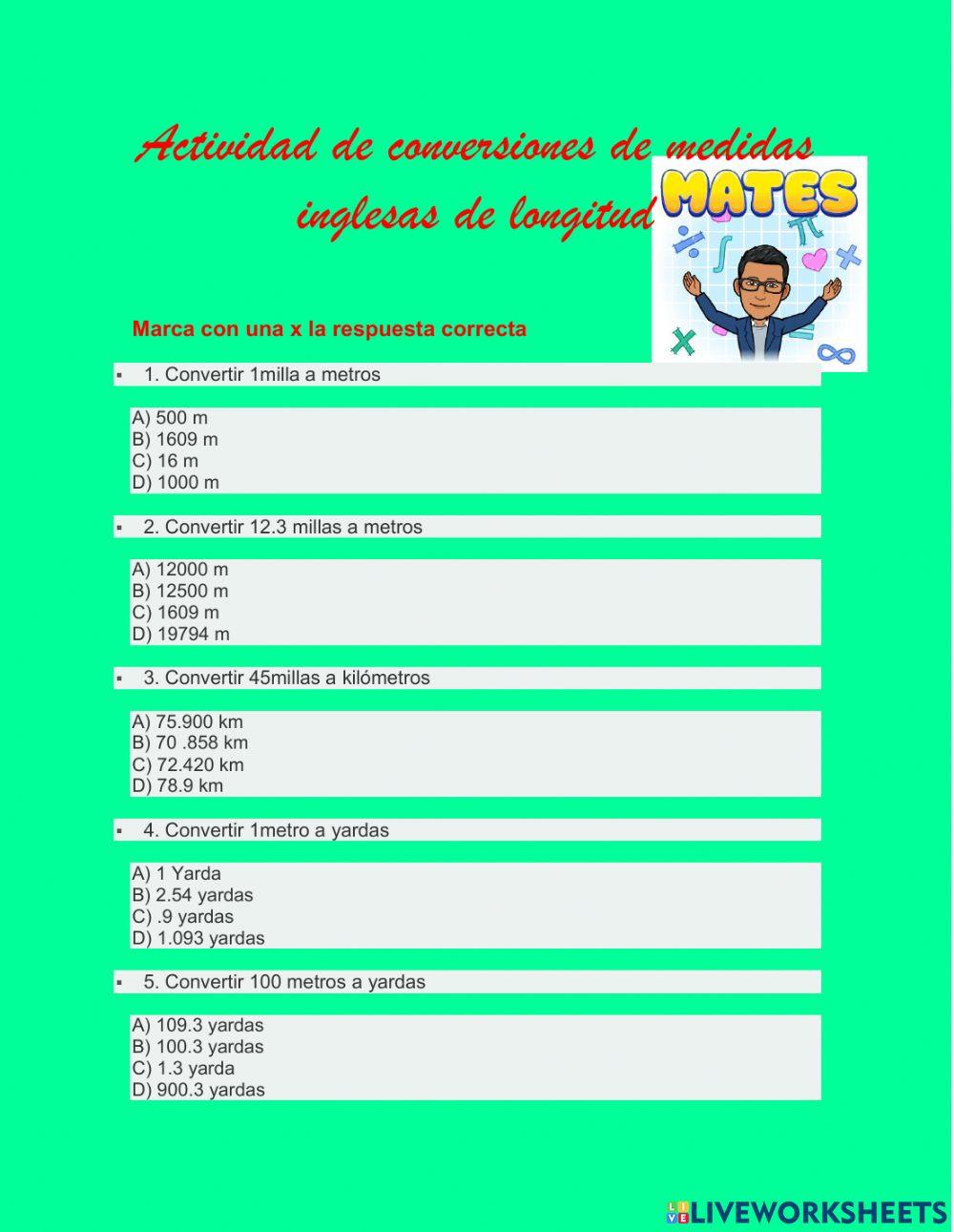 ACTIVIDAD DE CONVERSIONES DE MEDIDAS INGLESAS DE LONGITUD