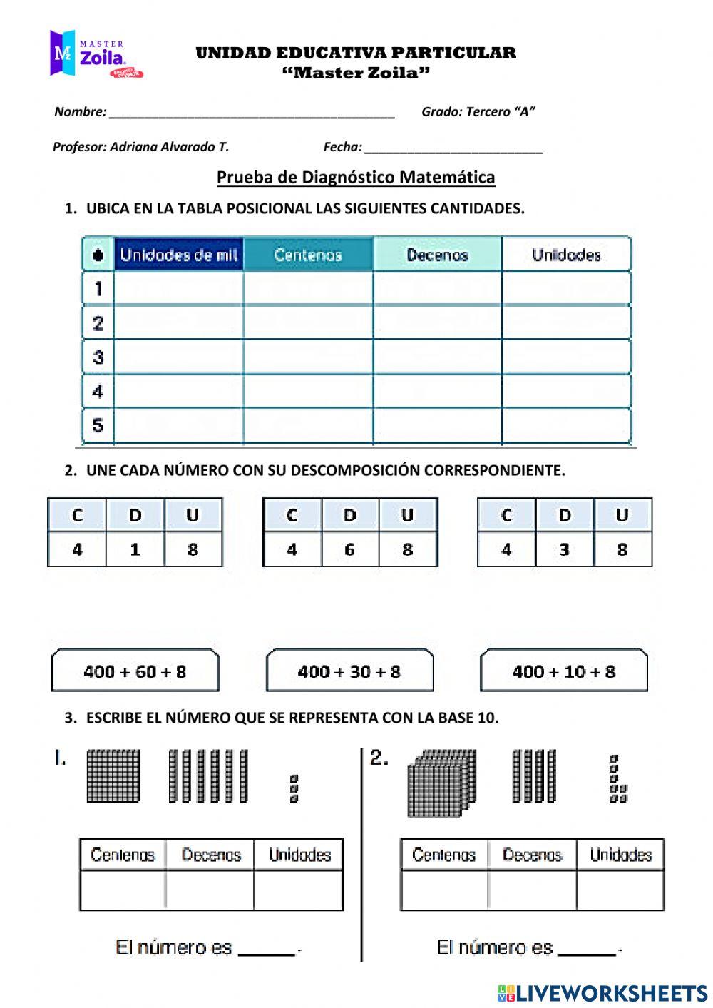 PRUEBA DE DIAGNÓSTICO MATEMÁTICA 3°