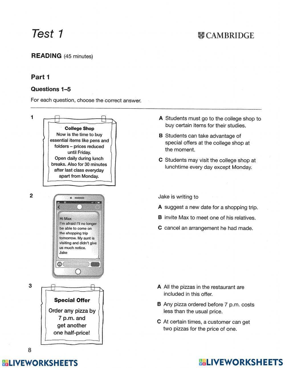 Reading part 1 PET 2020