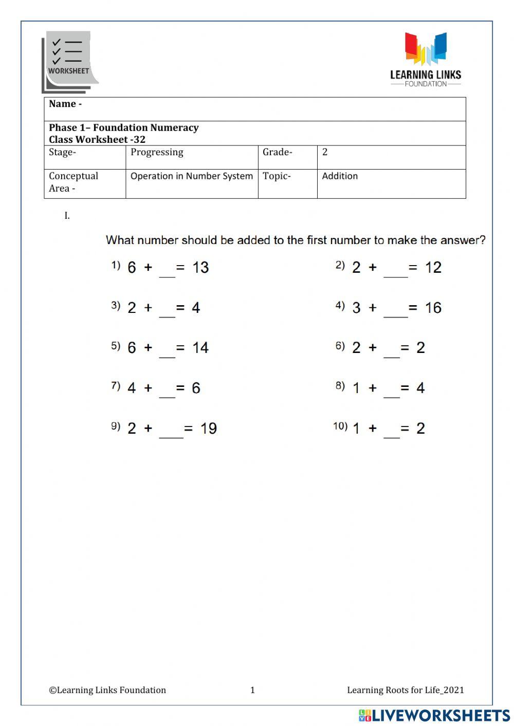 Phase 1– Foundation Numeracy Class Worksheet -32