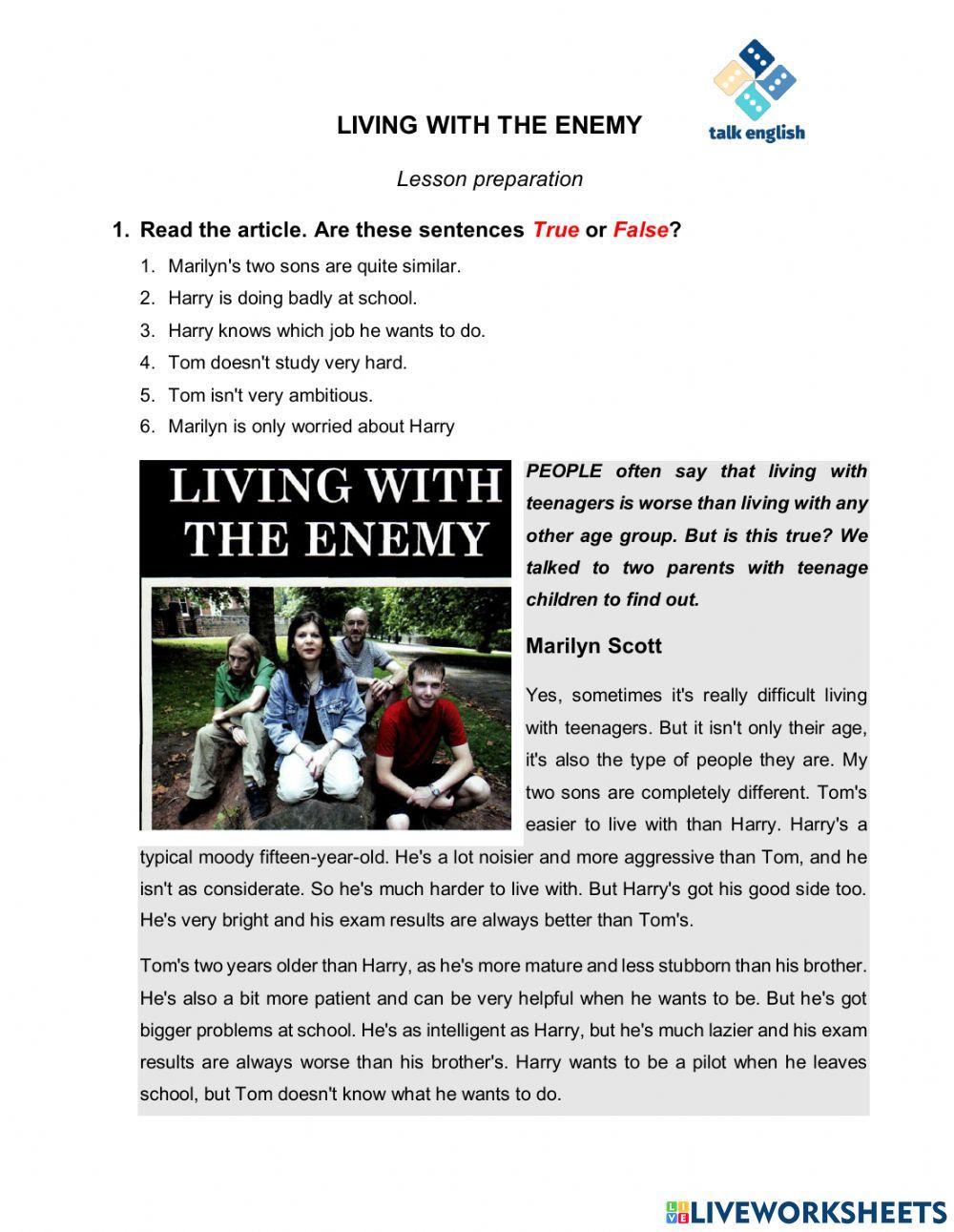 LIVING WITH THE ENEMY Lesson preparation worksheet