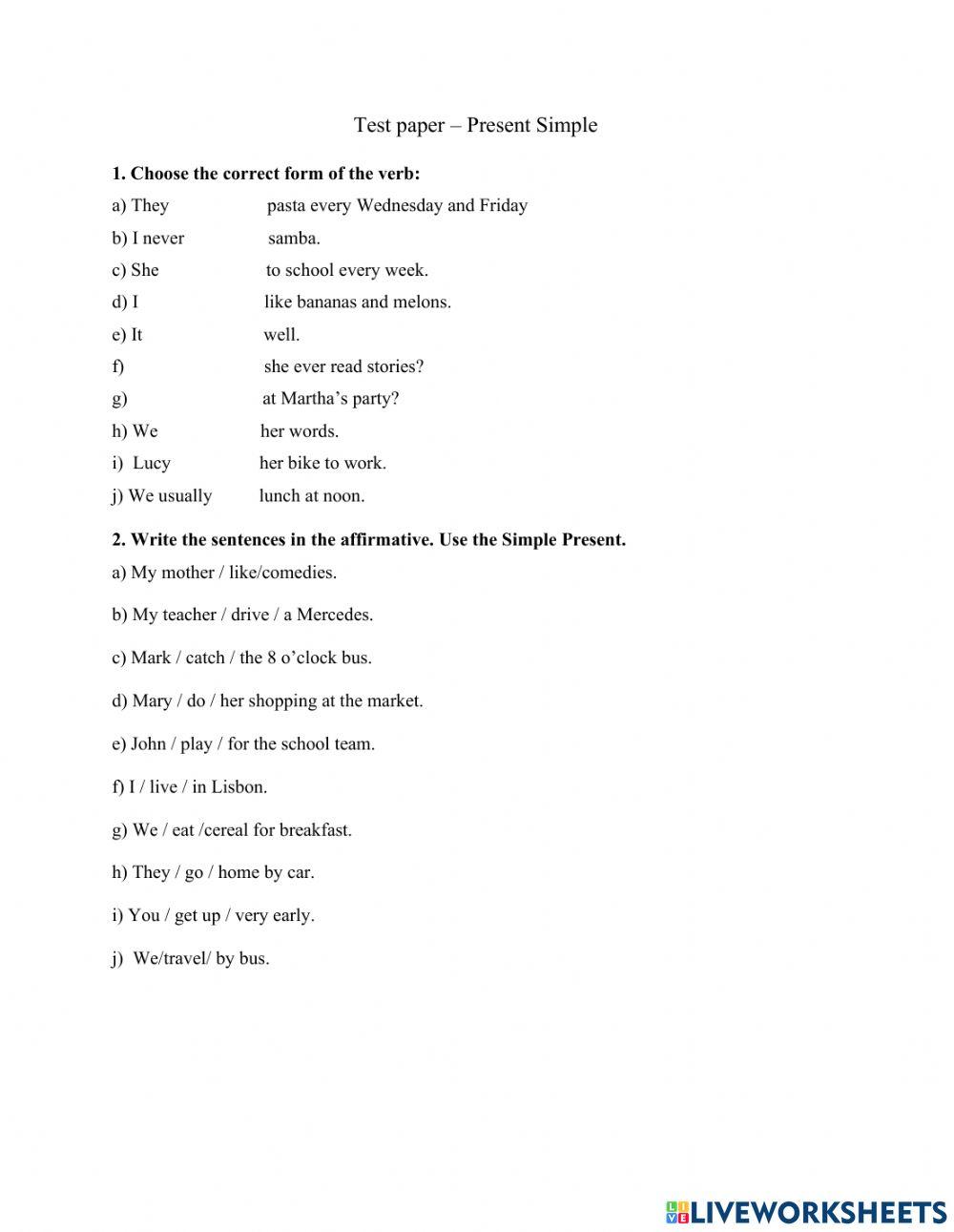 Test paper - Present Simple Test paper - Present Simple