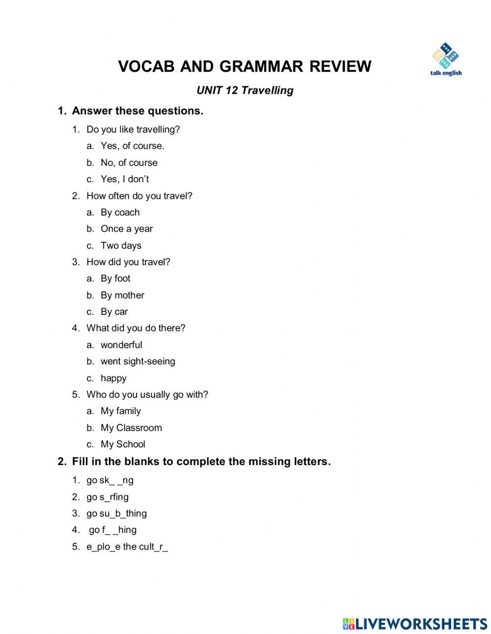 VOCAB AND GRAMMAR REVIEW UNIT 12 Travelling