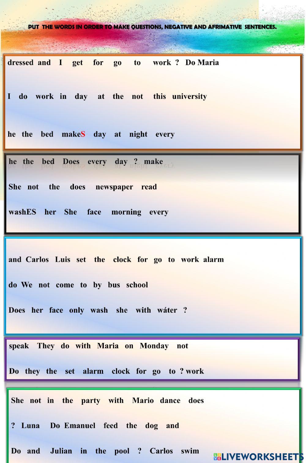 Ordenar frases en presente simple