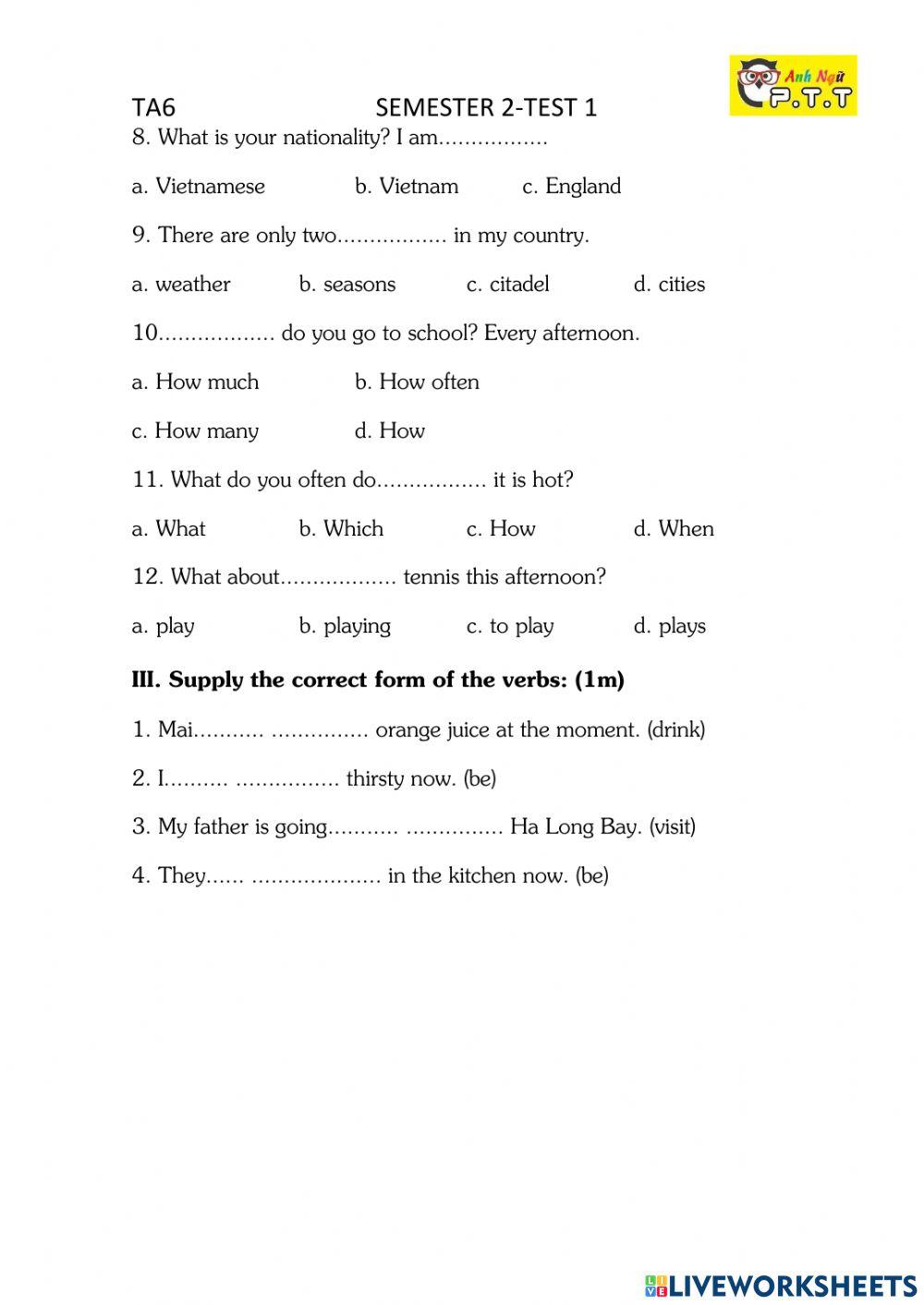 Ta6 semester 2 test 1