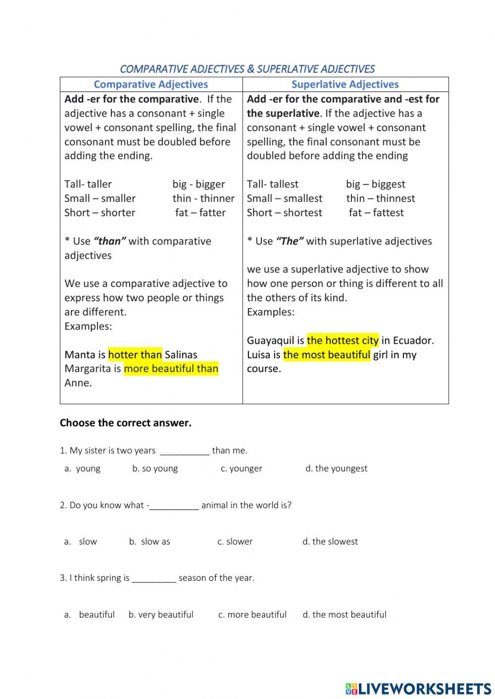 Comparative Adjective and Superlative Adjective worksheet | Live Worksheets