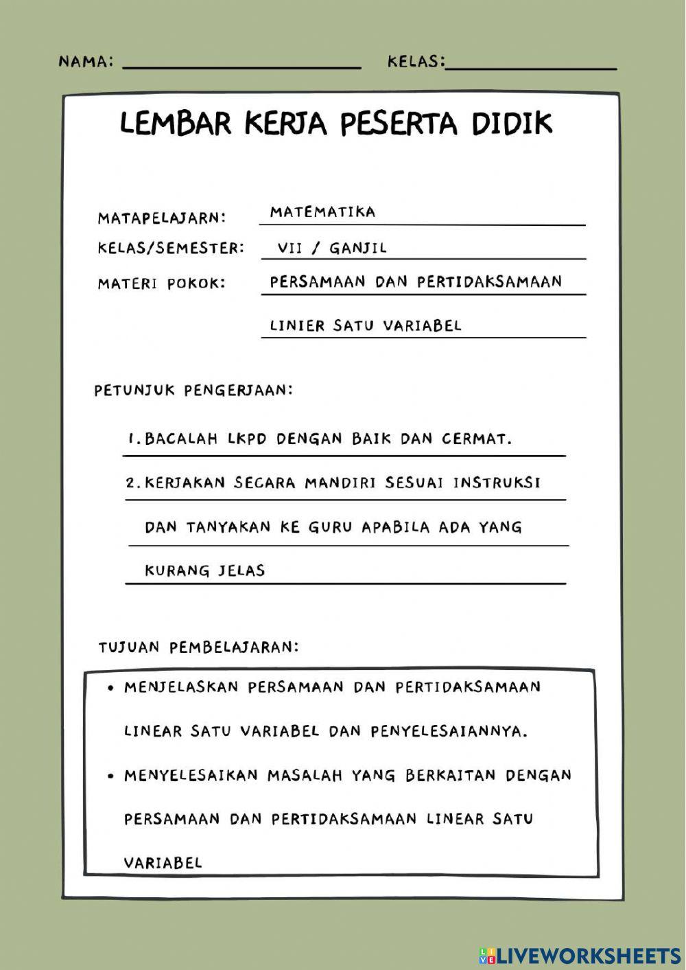 LKPD Persamaan dan Pertidaksamaan Linear Satu Variabel