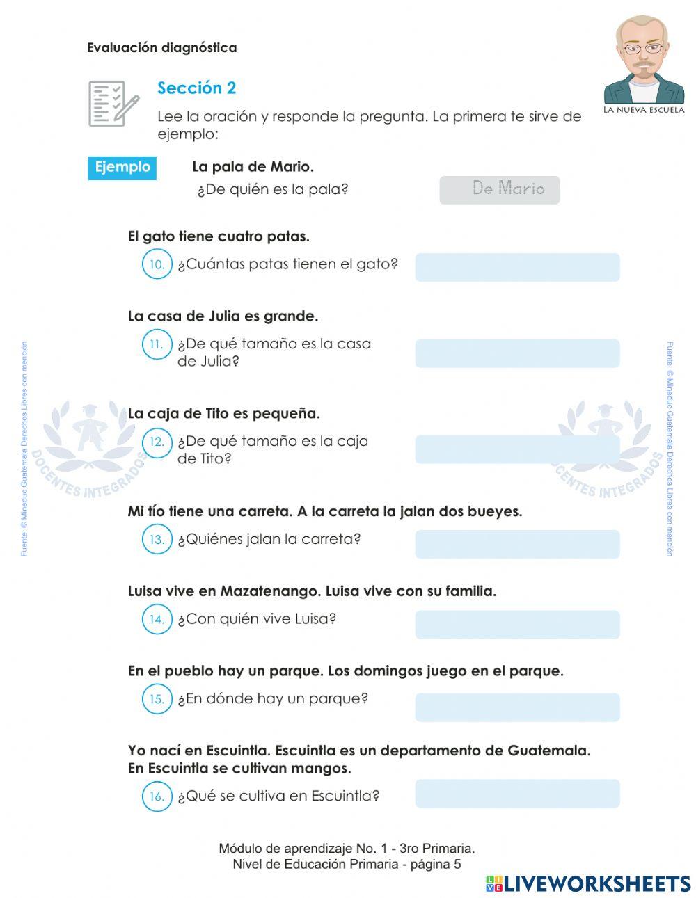 Evaluación Diagnóstica Inicial Tercero Primana, pág. 5 a 8 - Comprension de Lenguaje