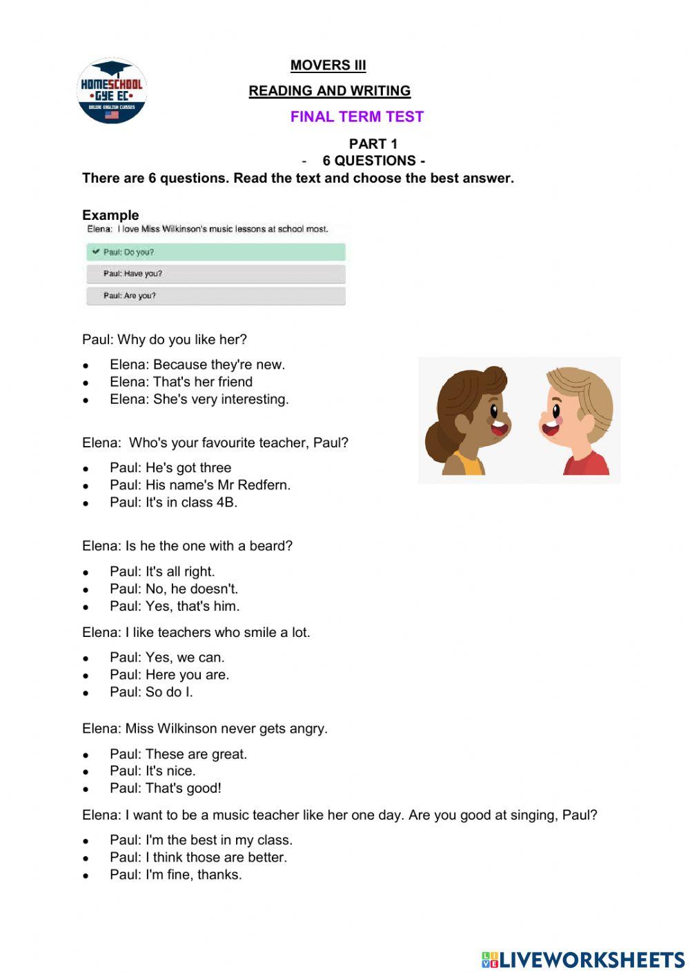 Movers III reading writing