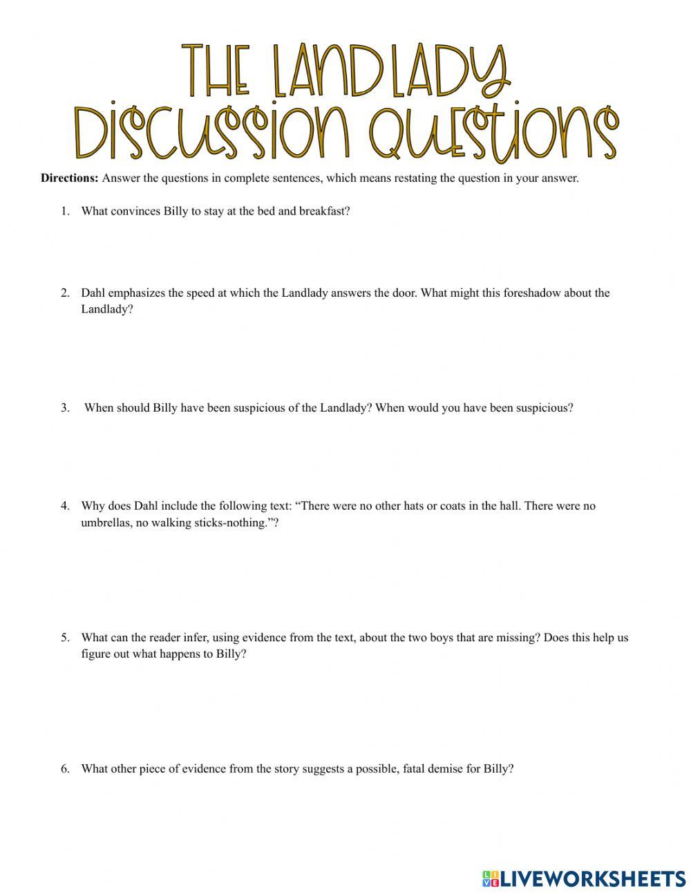 The Landlady: Discussion Questions 2836322 | sarahcaamano