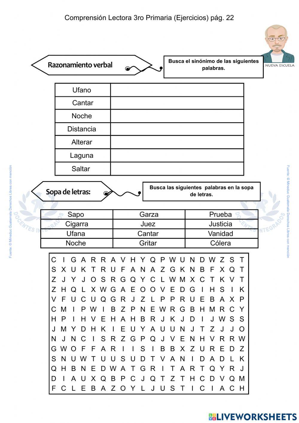 Comprensión Lectora 3ro Primaria (Ejercicios) pág. 22 - Sopa de letras
