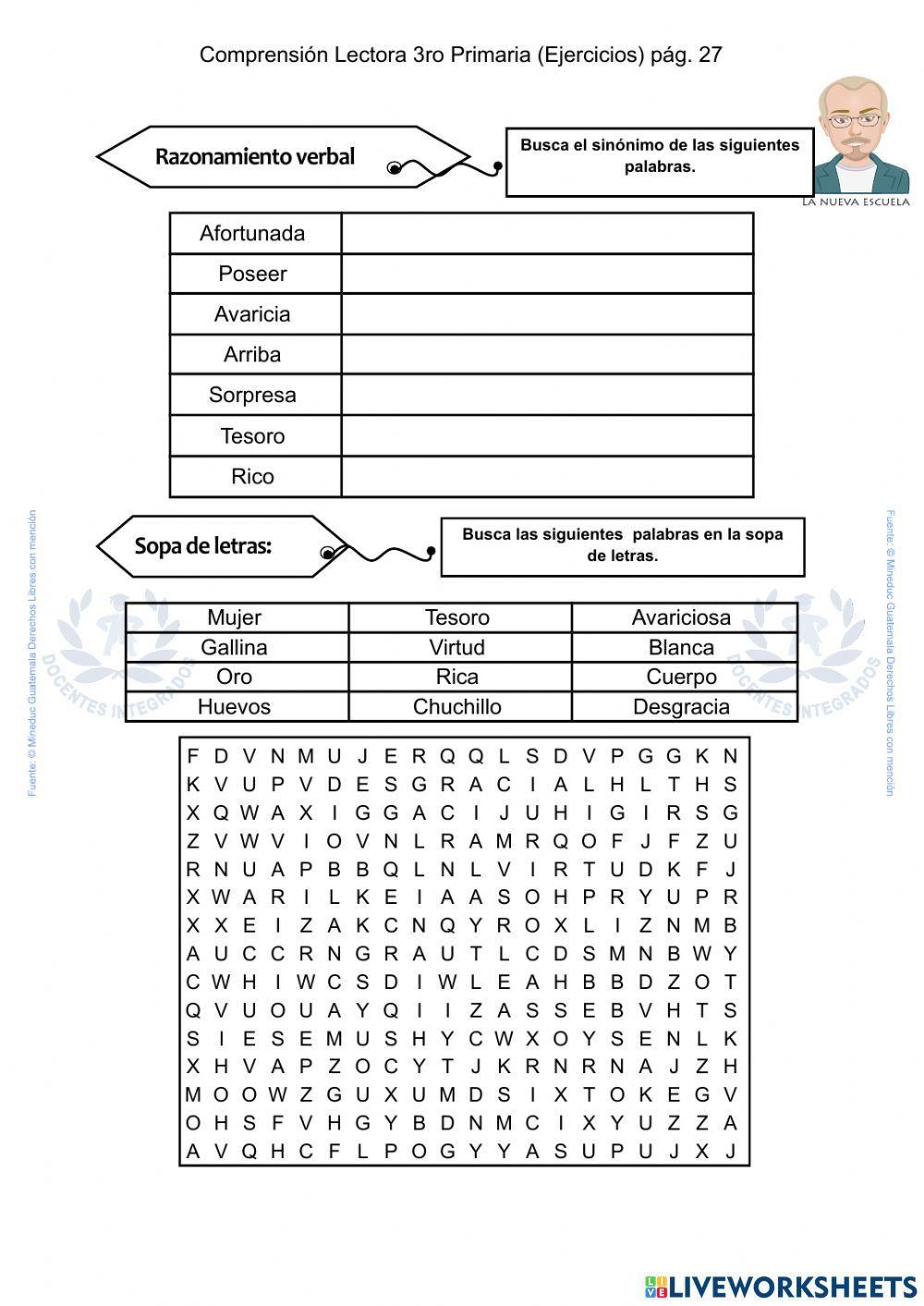 Comprensión Lectora 3ro Primaria (Ejercicios) pág. 27 - Sopa de letras