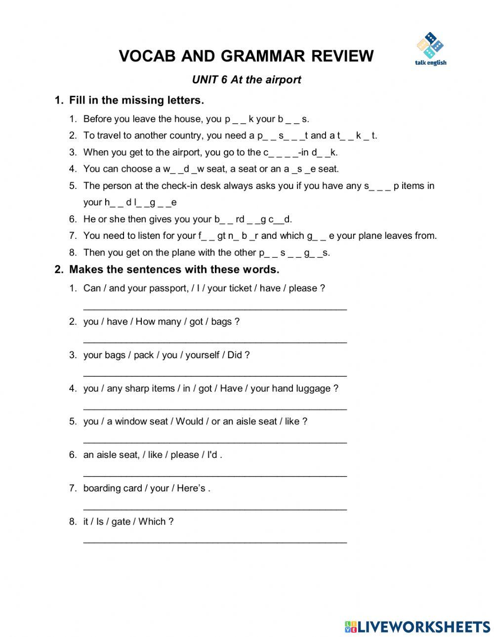 VOCAB AND GRAMMAR REVIEW UNIT 6 At the airport