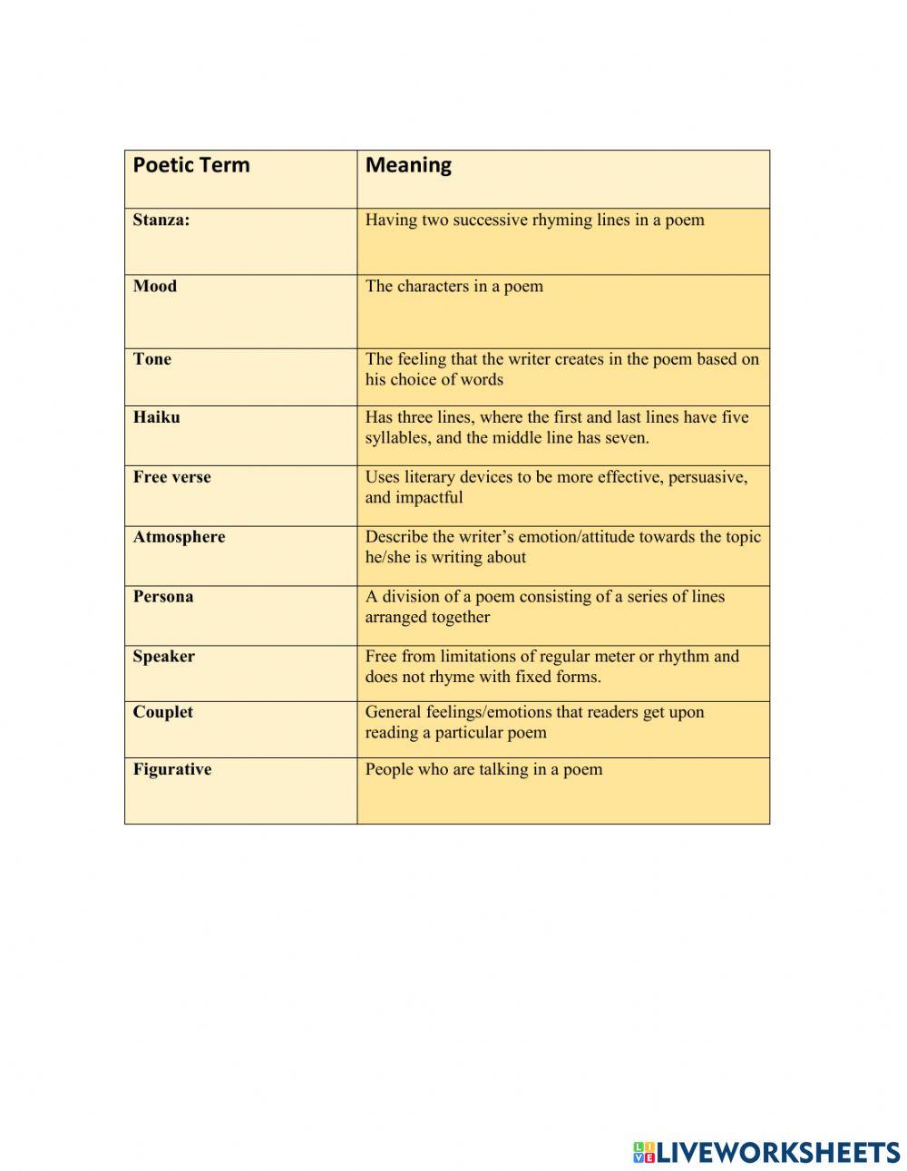 Poetic Devices Answers worksheet Live Worksheets