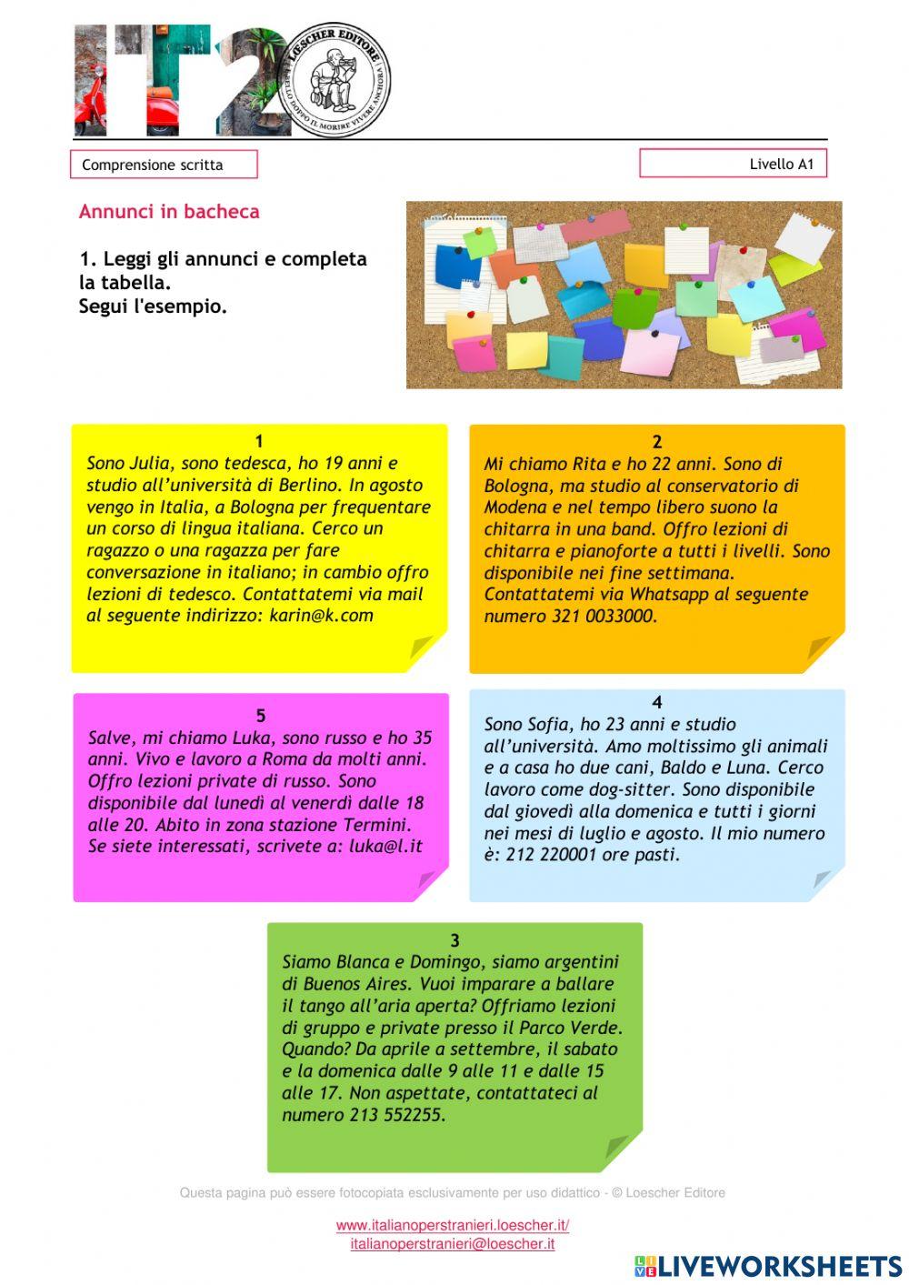 Annunci in bacheca: comprensione scritta A1