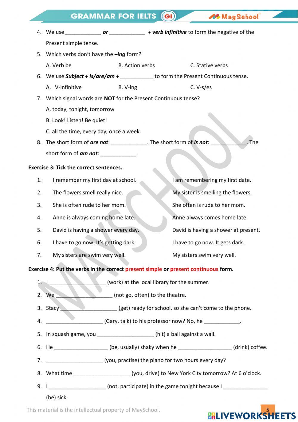 Gi gram l6 present simple continuous test online exercise for live