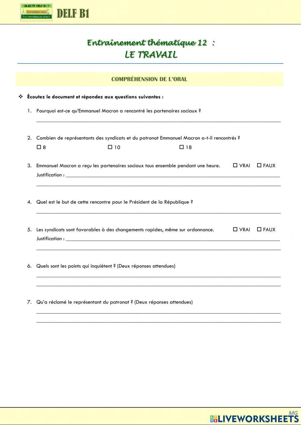 Entrainement B1 - Thématique travail