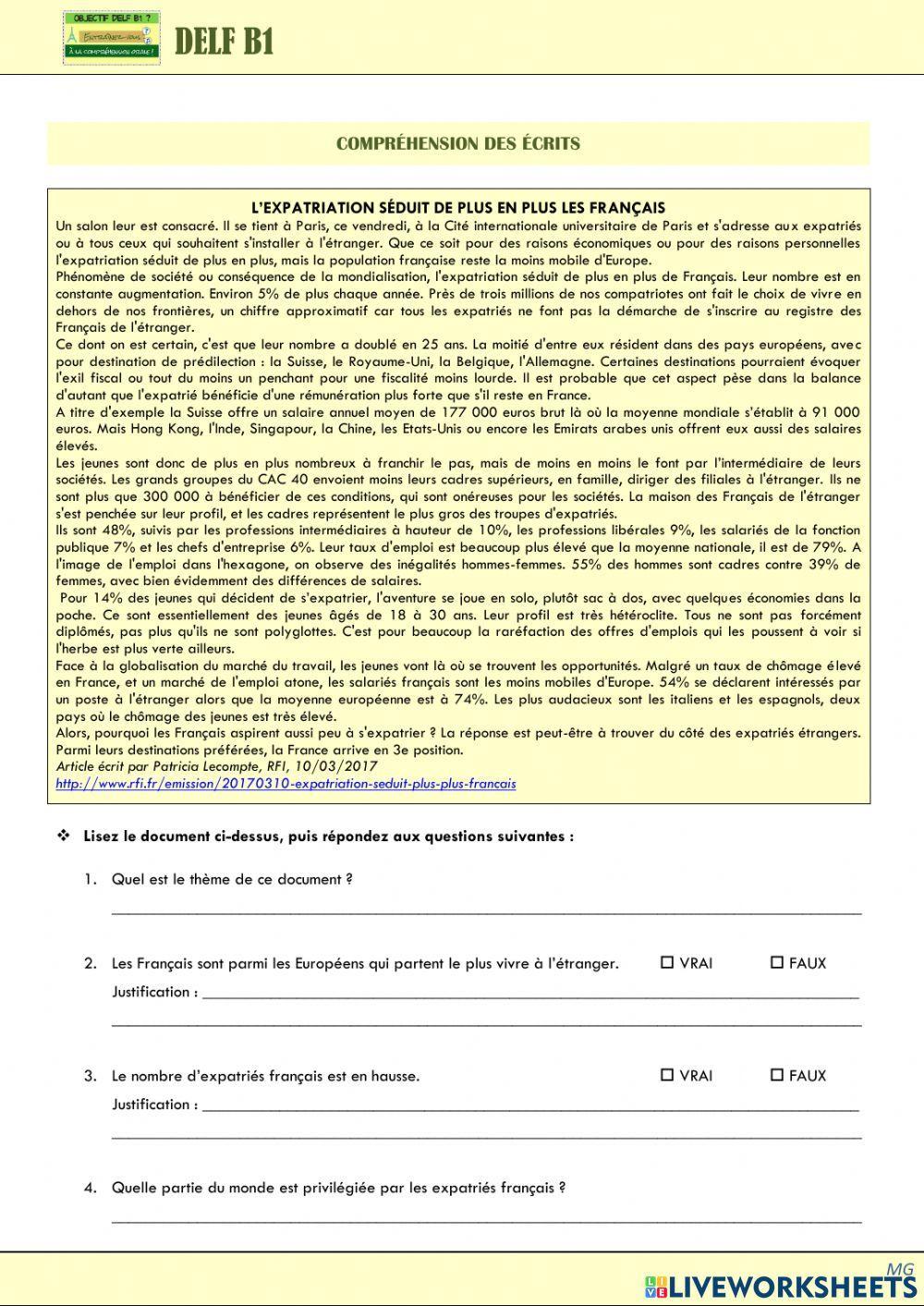 Entrainement B1 - Thématique travail