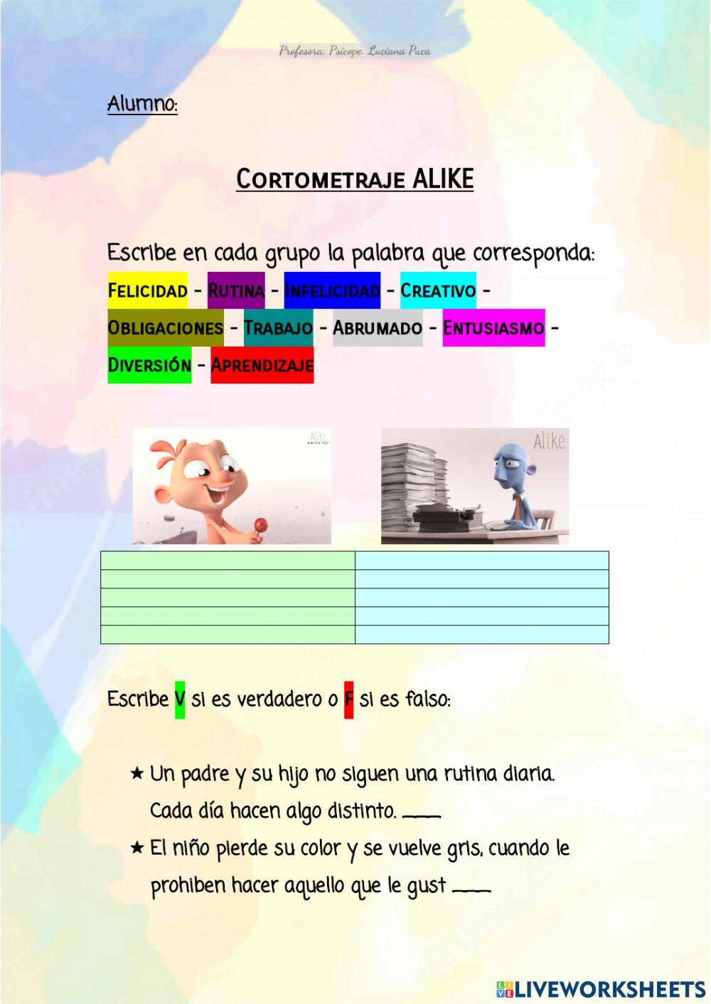 Ficha comprensiva CORTOMETRAJE ALIKE