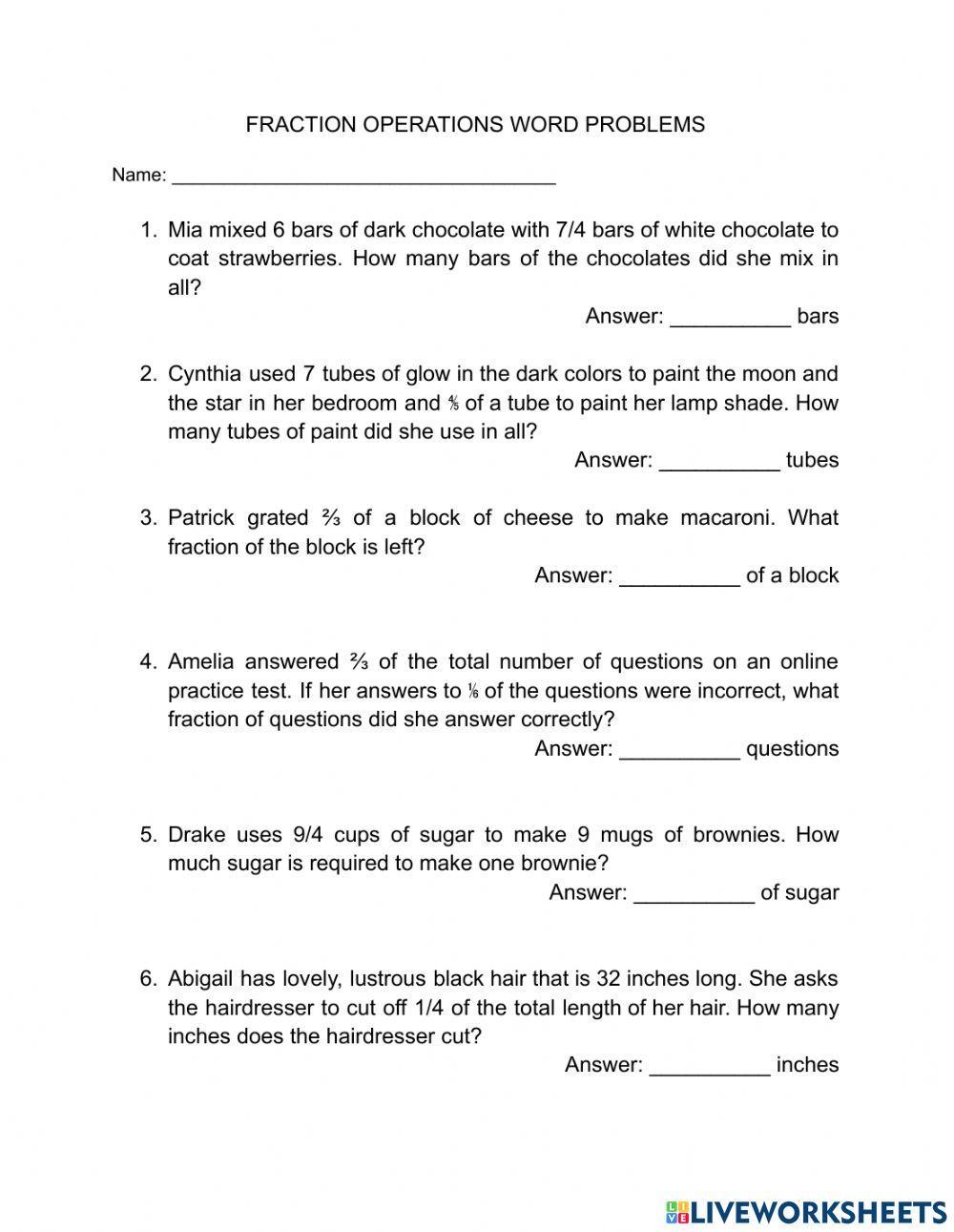 Fraction operations word problems