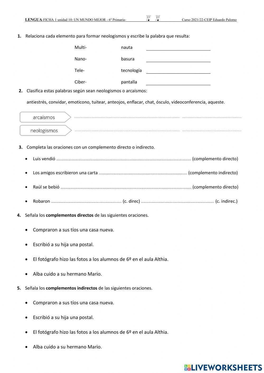 Ficha de repaso U.D 10 Lengua 6º