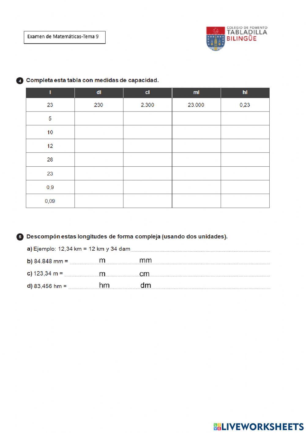 Examen Corto T9 Matemáticas longitudes, capacidades y masas