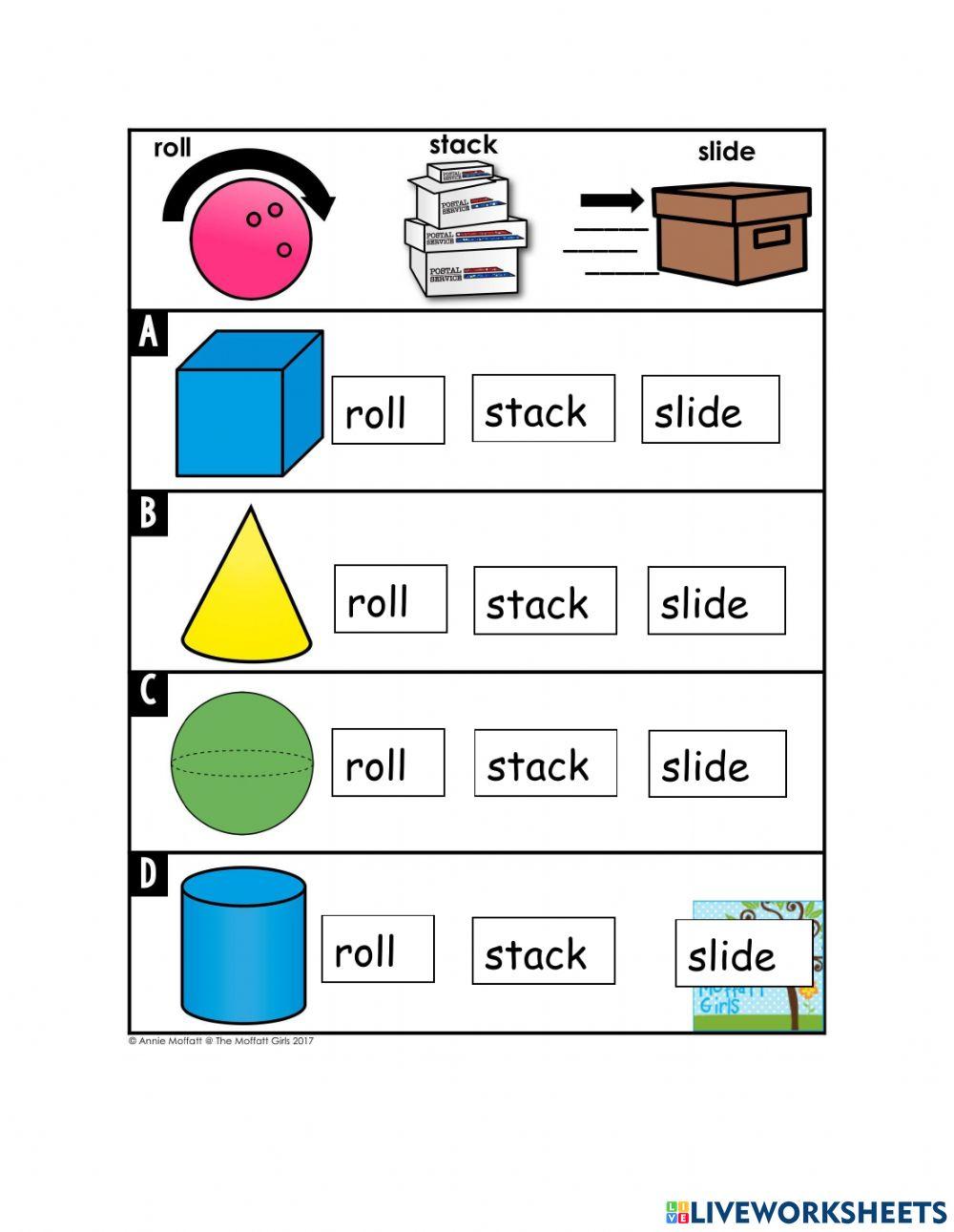 3D shapes: Roll, stack, slide