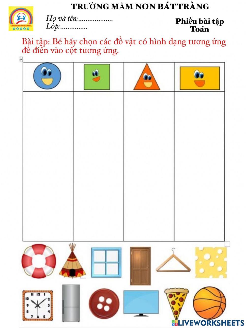 Phiếu BT Toán- Ôn các hình đã học-MN Bát Tràng