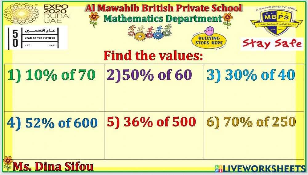 Percentage of whole numbers worksheet | Live Worksheets