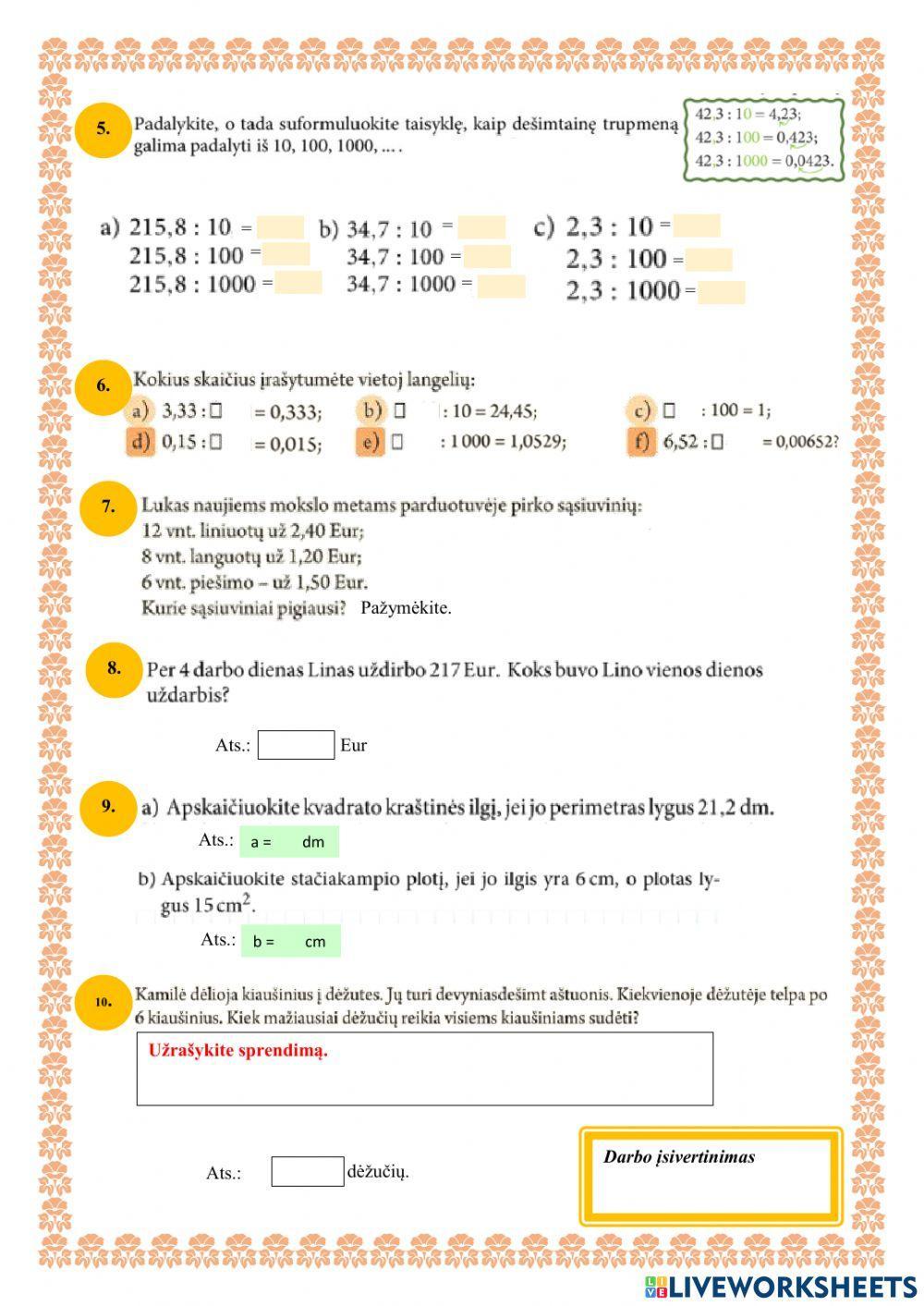 Dešimtainę trupmeną dalijame iš natūralaus skaičiaus (5 klasei)