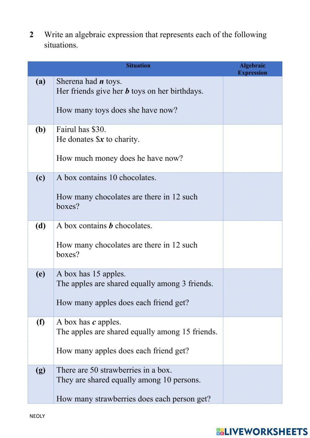 Writing Algebraic Expressions