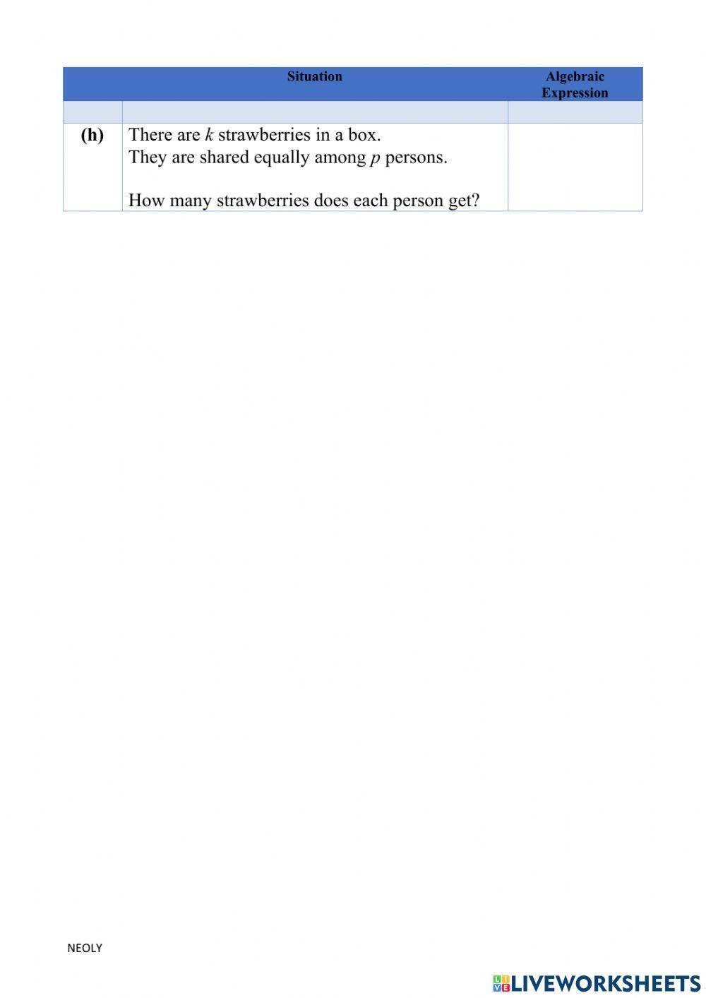 Writing Algebraic Expressions