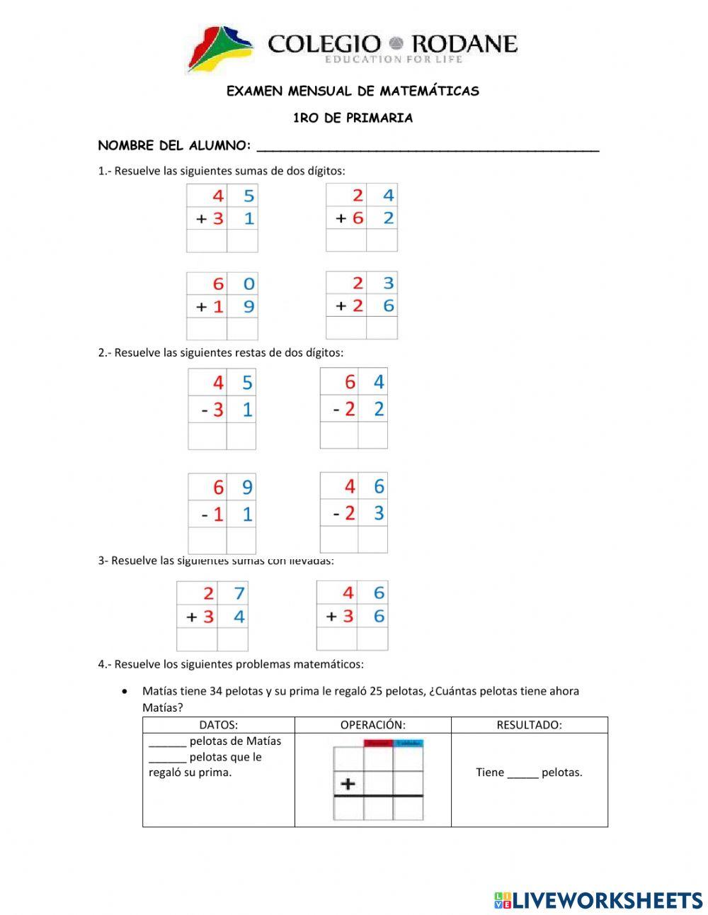 Exament mensual abril matemáticas