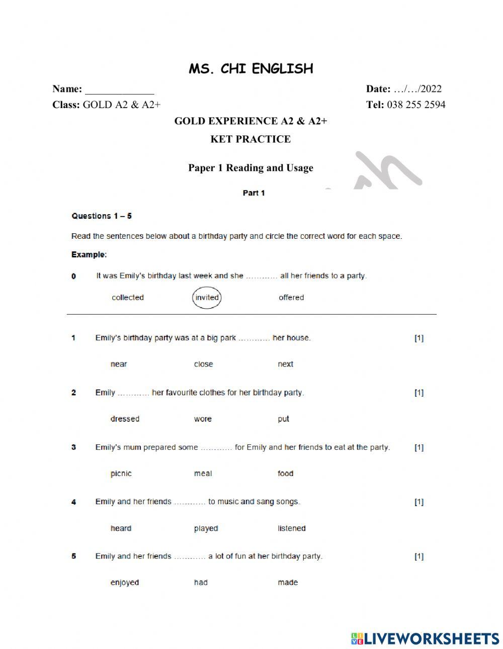 02.05.22- Gold A2A2+- KET Practice