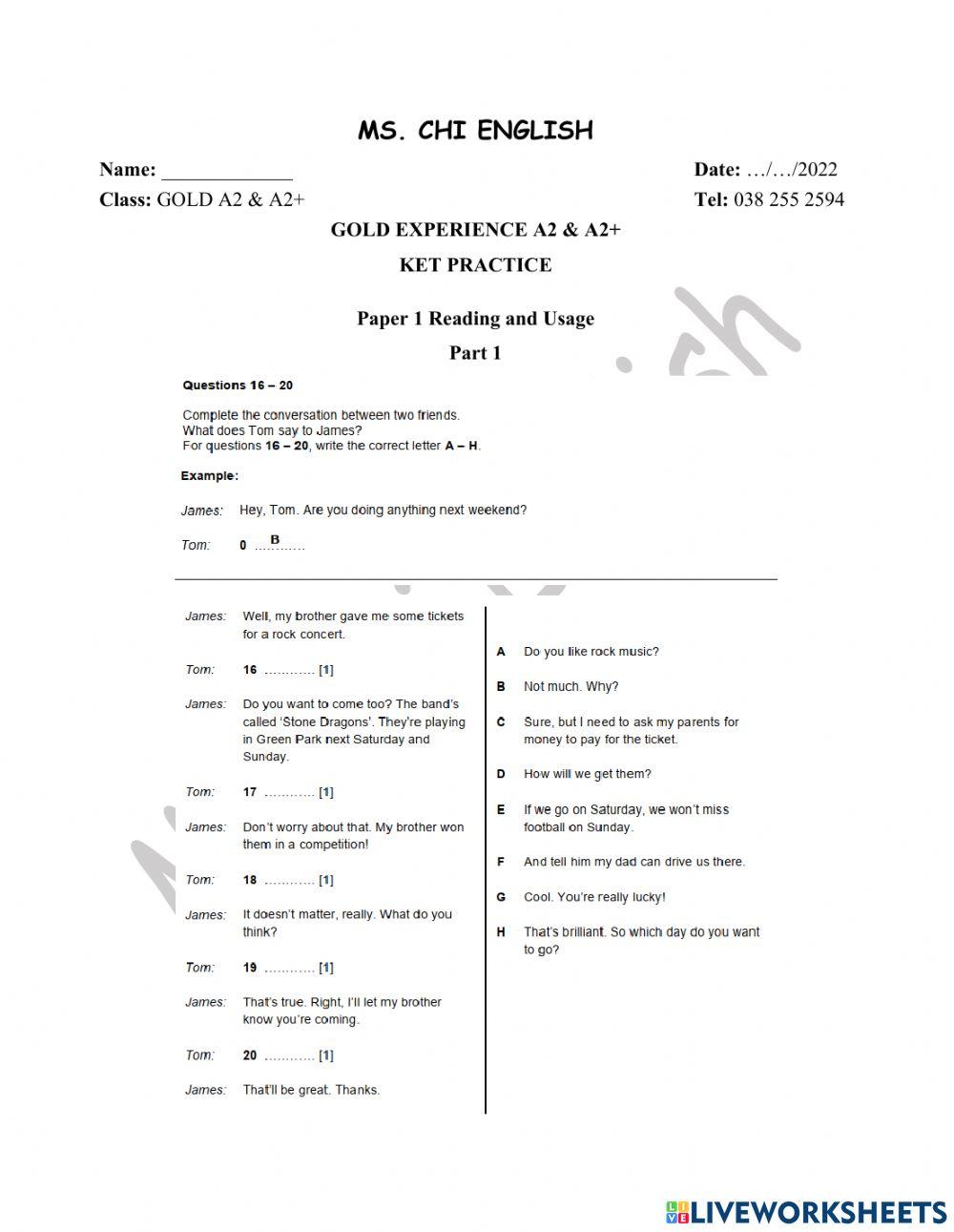 04.05.22- Gold A2A2+- KET Practice