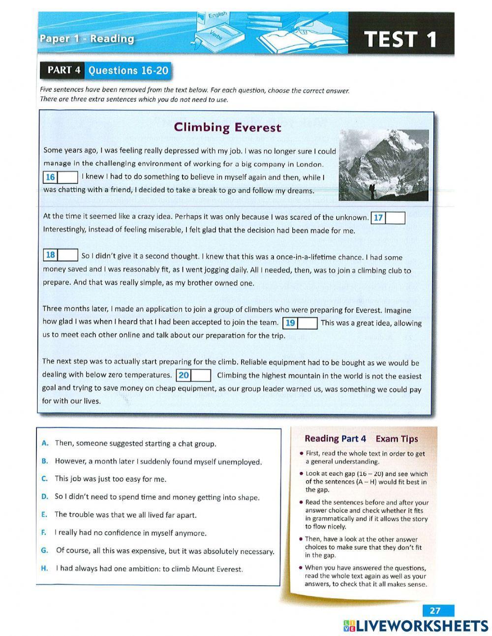 Pet reading practice test 1