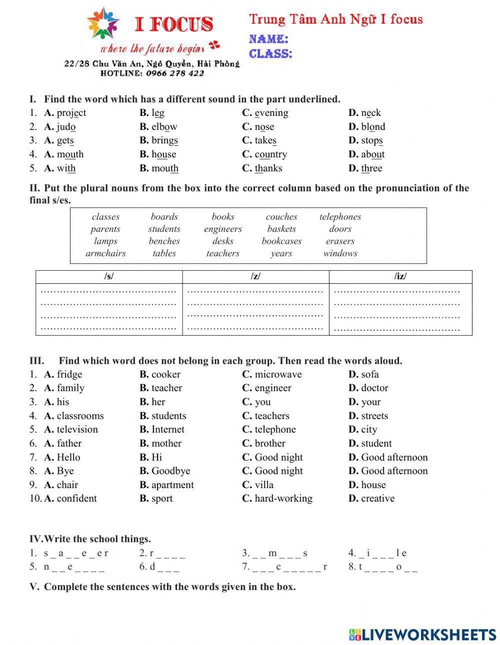 Lớp 6 Unit 123 Test 1