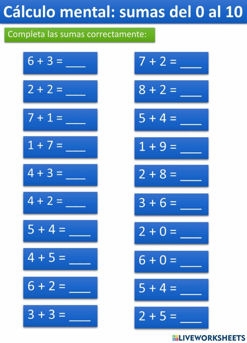 Cálculo mental - Completa las sumas