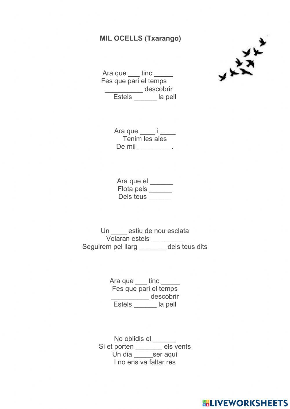 Cançó Mil ocells de Txarango. Completar buits